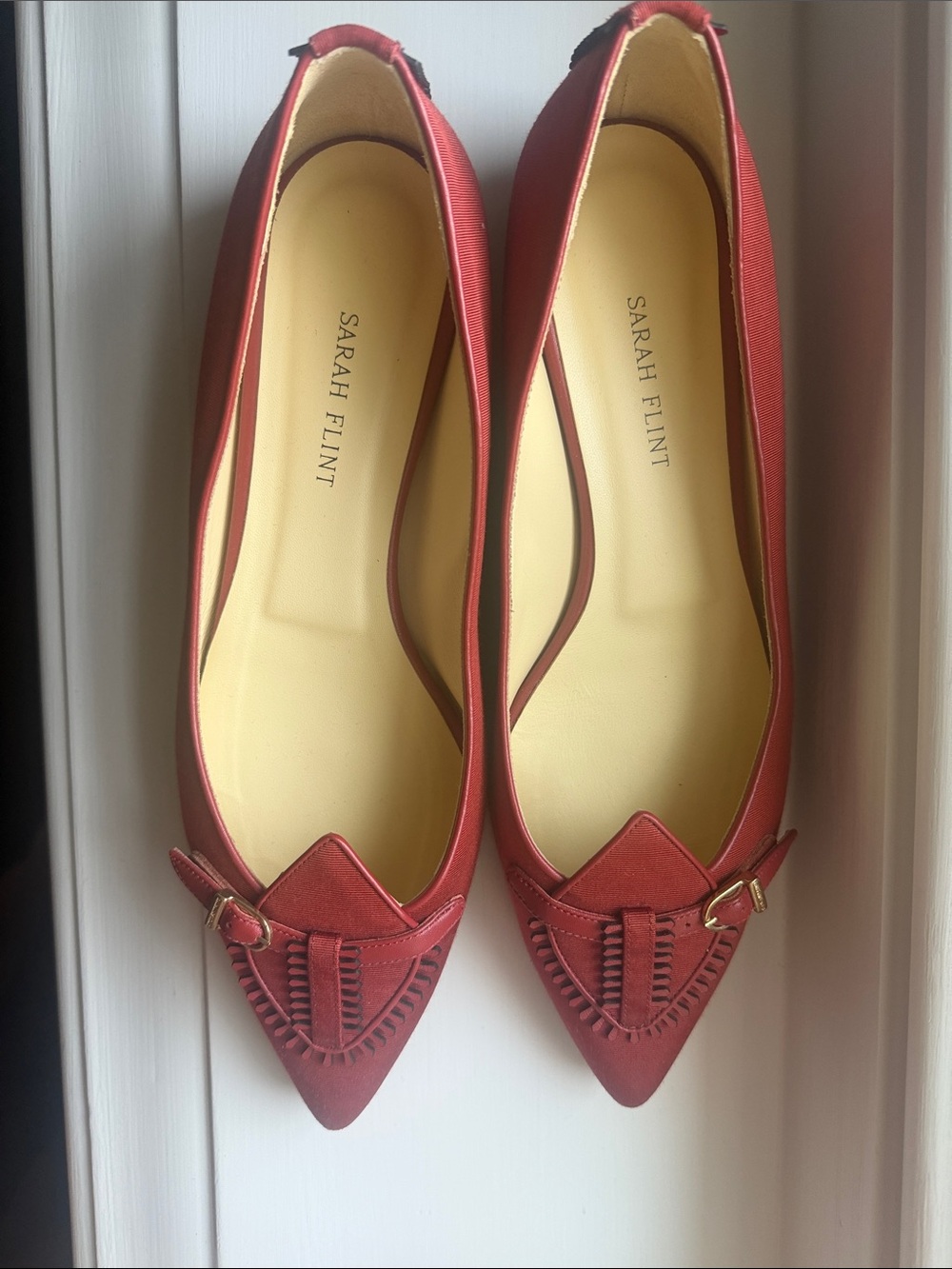 Sarah Flint Red Pointed-Toe Flats with Whipstitch and Buckle Detail - Picture 1 of 4